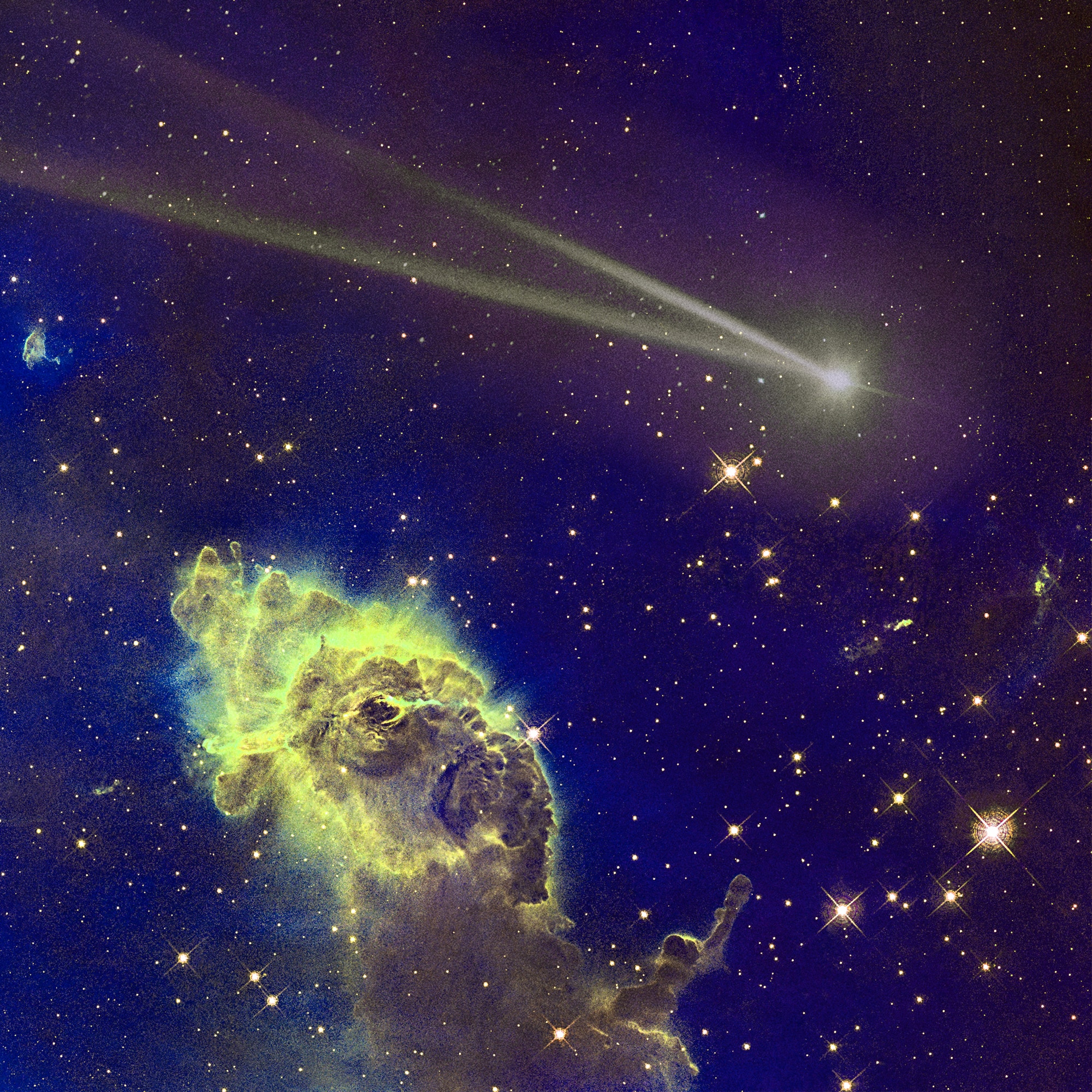 A bright comet with long glowing tail streaks across star-filled sky above colorful gas cloud nebula.