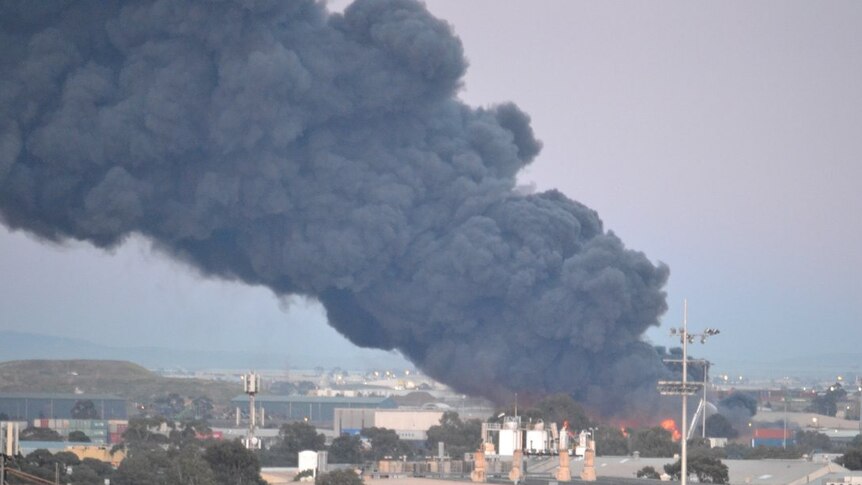 Smoke rises from a factory fire in West Footscray.