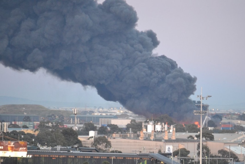 Smoke rises from a factory fire in West Footscray.