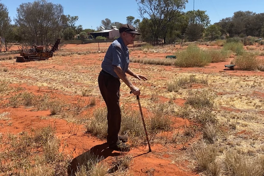 Max Emery, an older man with a cane and cap, looks over his red dirt paddock with bush tomatoes growing.