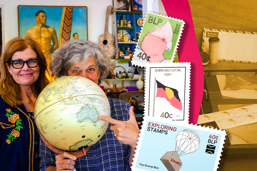 An image shows two women pointing at a map of Australia next to images of postage stamps.