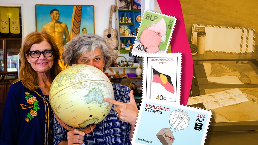 An image shows two women pointing at a map of Australia next to images of postage stamps.
