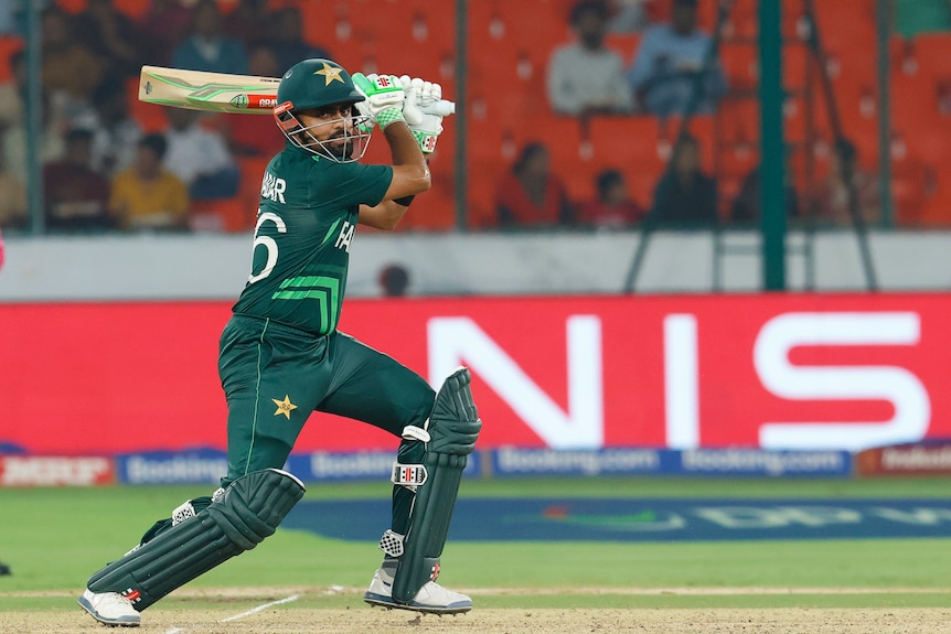 Babar Azam of Pakistan plays a shot during the ICC Men's Cricket World Cup India 2023 warm up match.
