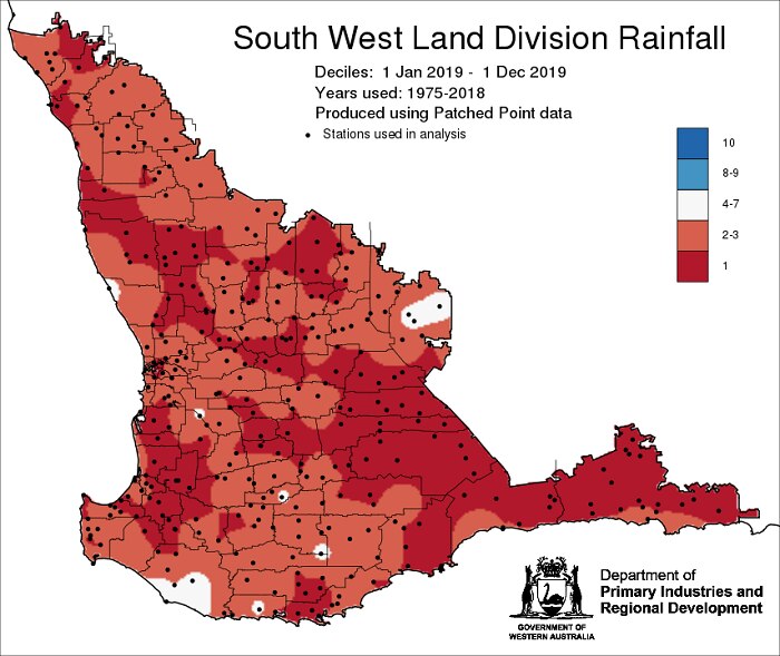 A decile map showing rainfall around WA's South West.