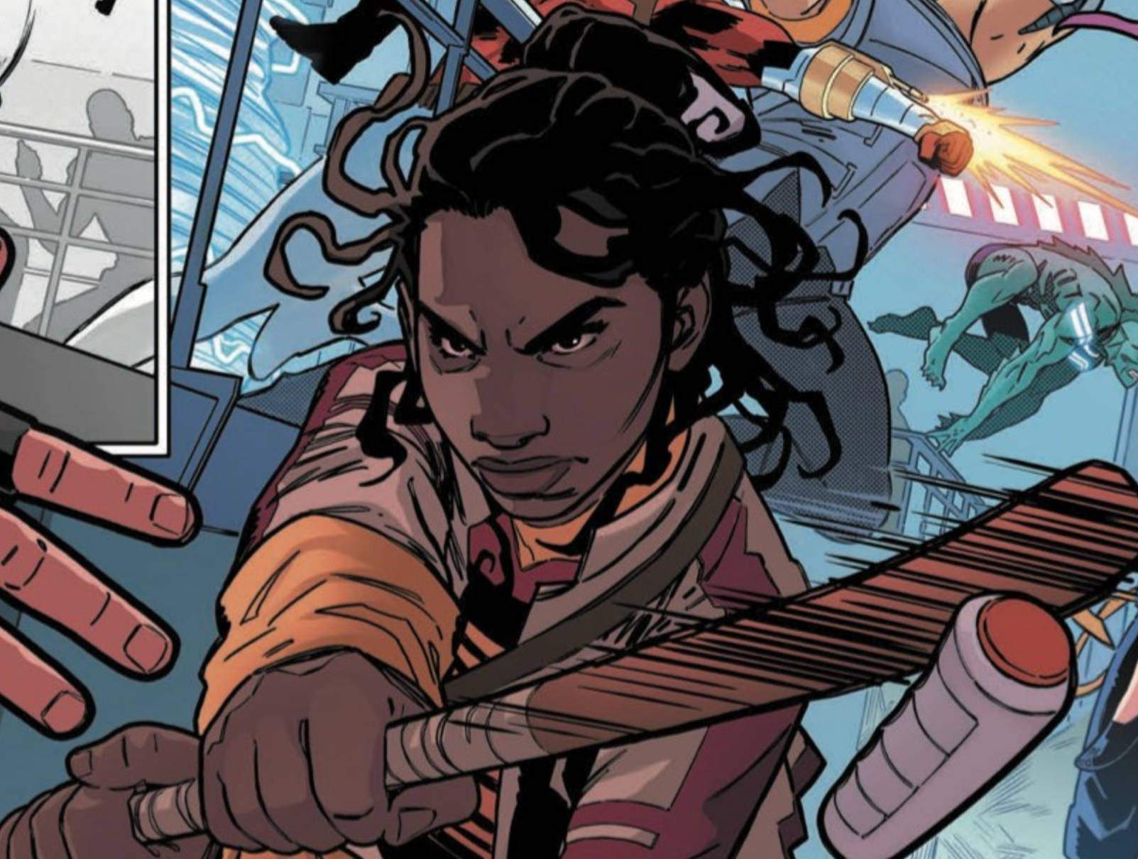 A comic book illustration of a woman with serious expression fighting with wooden staff near other combatants inside warehouse.