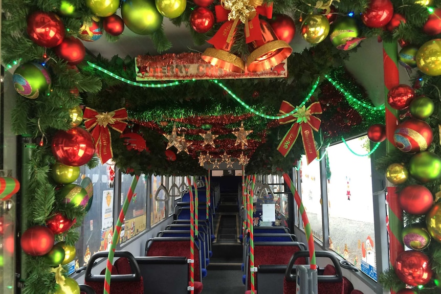 The Elf themed Christmas bus, decorated with hundreds of meters of tinsel