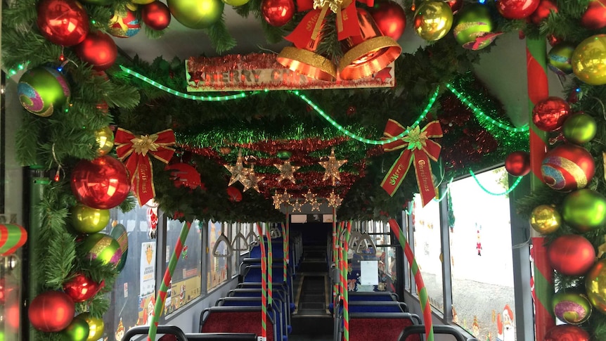 The Elf themed Christmas bus, decorated with hundreds of meters of tinsel
