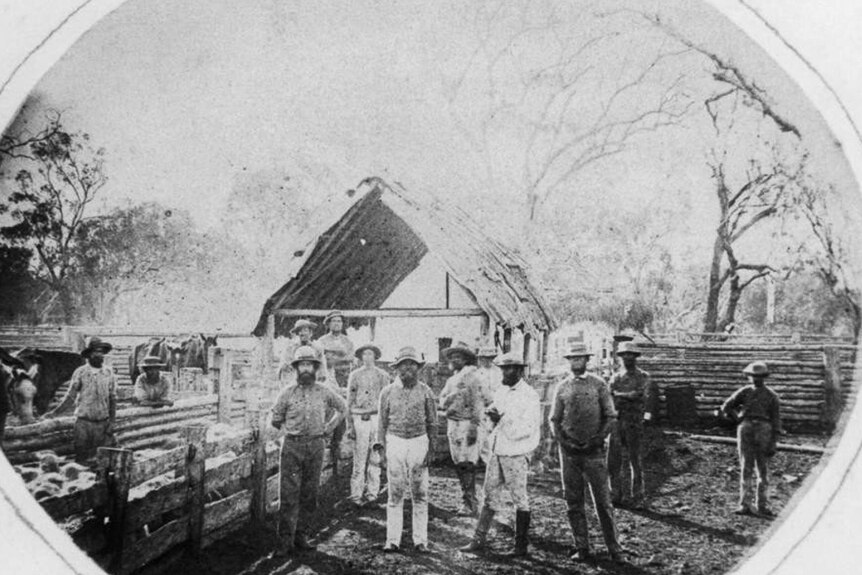 Drovers and farm hands at the sheep yards at Jimbour Station in 1869.