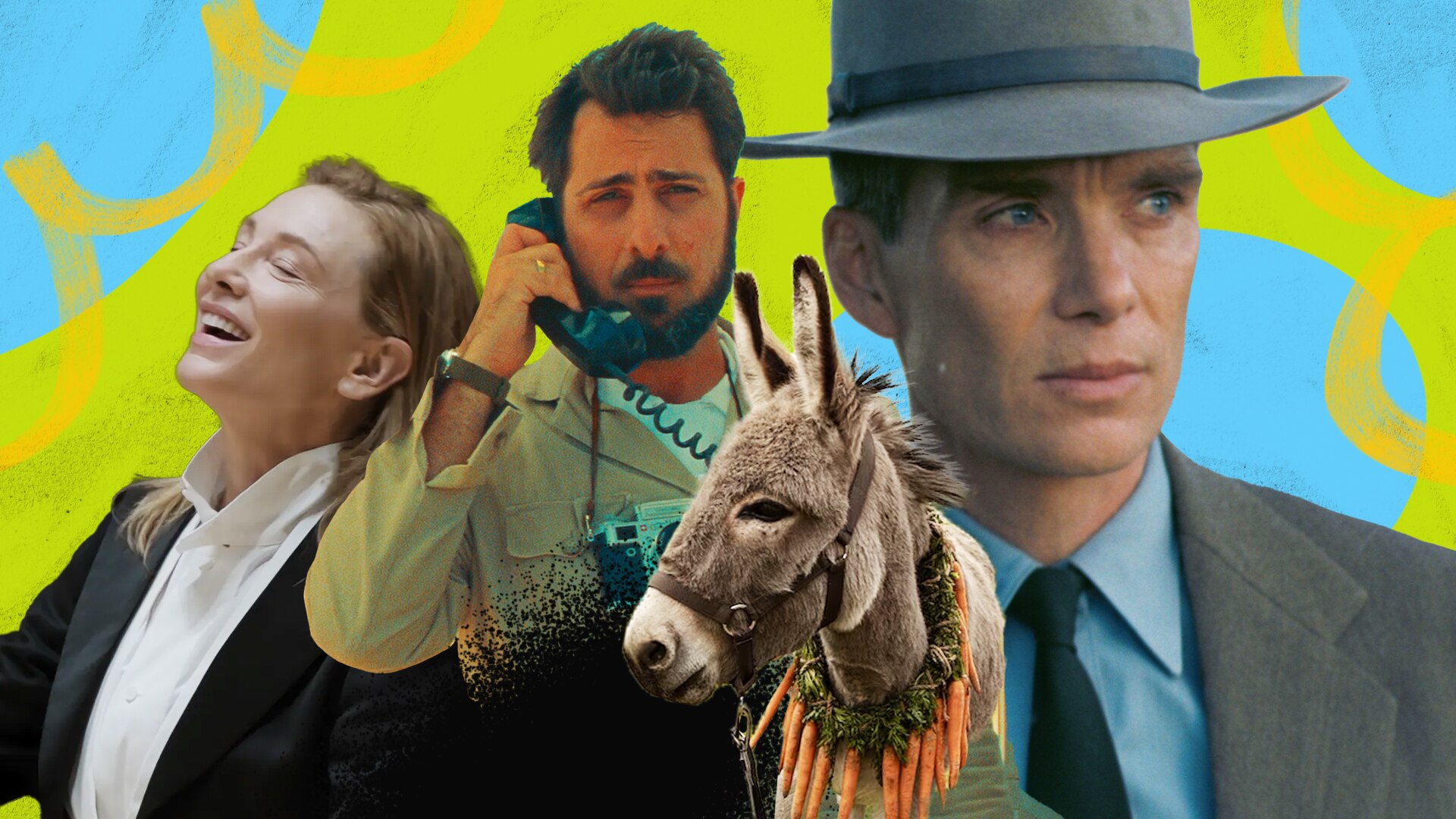 Composite image of Cate Blanchette as Tar, Cillian Murphy from Oppenheimer, a donkey and someone from Asteroid City