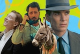 Composite image of Cate Blanchette as Tar, Cillian Murphy from Oppenheimer, a donkey and someone from Asteroid City