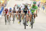 Not happy ... Peter Sagan (R) angrily points at Matthew Goss at the finish of stage 12
