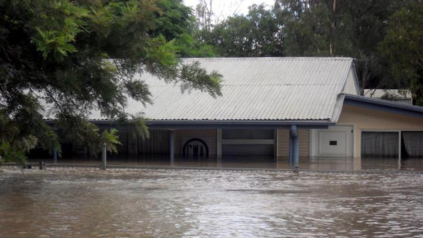 Floodwaters surround the CWA office in Condamine in the Western Downs region.