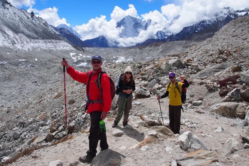 Ashley Prigent stands with others at Everest Base Camp