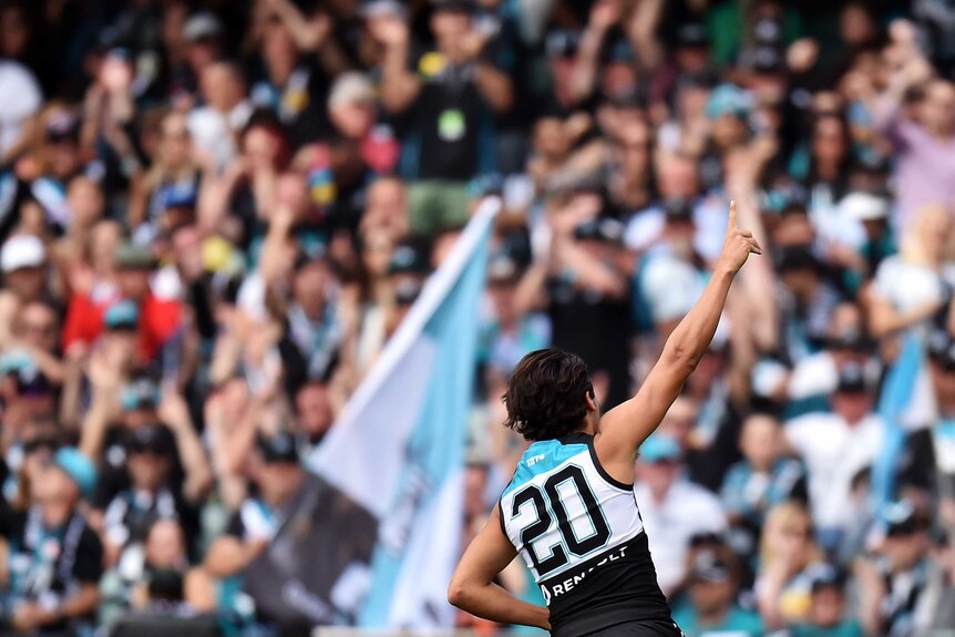 Chad Wingard celebrates a goal for Port Adelaide