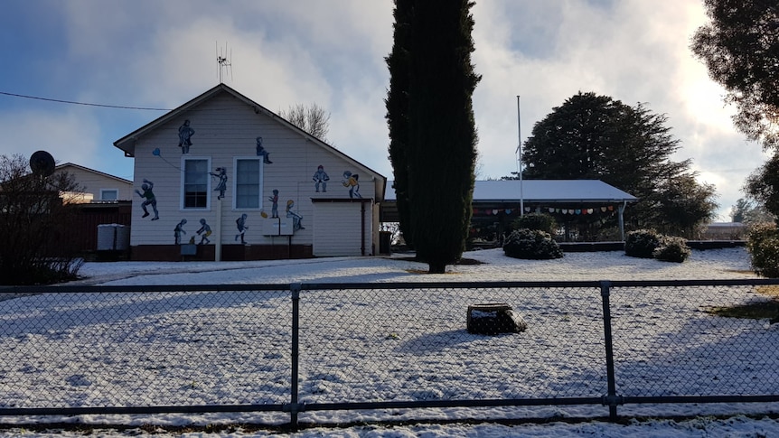 school building and tree in snow