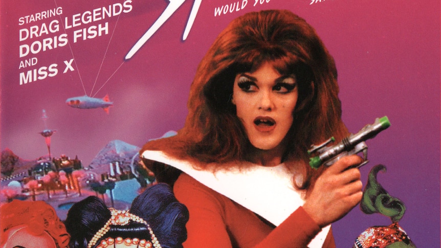 A movie poster for Vegas in Space written at top and a drag queen holding a gun with three other drag qeens with red and green f