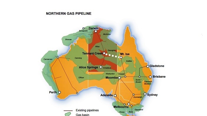 A map of Australia showing the planned path of the Northern Gas Pipeline, crossing from the Northern Territory to Queensland.