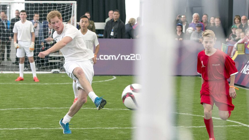 Prince Harry plays football in Auckland