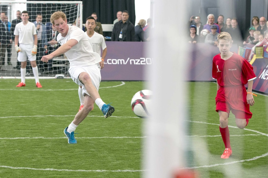 Prince Harry plays football in Auckland
