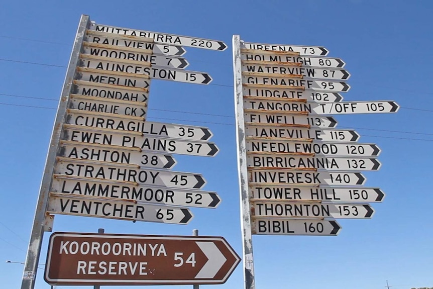 A road sign in north west Queensland pointing to many locations