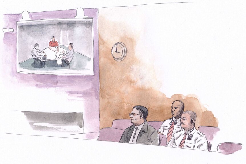 A sketch of Bradley Edwards in court watching the video showing his interview with police in 2016 on a TV screen.