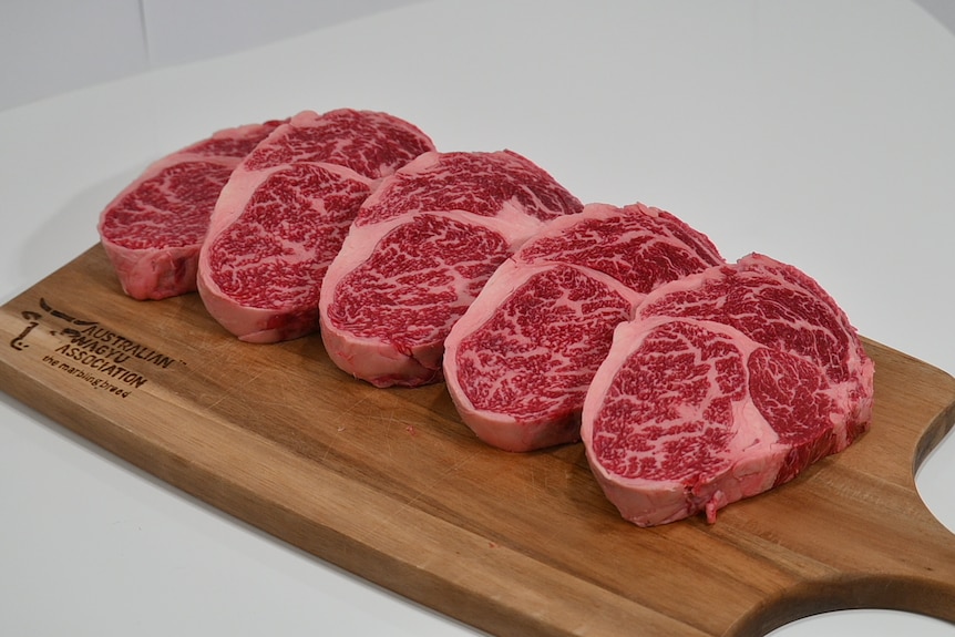 Wagyu steak on a chopping board