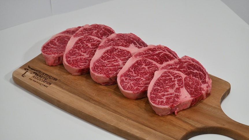 Wagyu steak on a chopping board