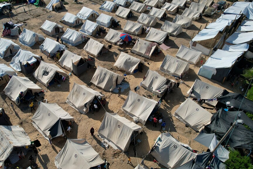 Tents set up for Palestinians displaced by the Israeli bombardment of the Gaza Strip.