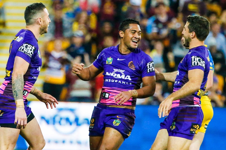 Anthony Milford celebrates as the Broncos beat the Eels