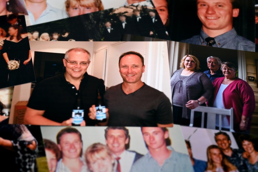 A collage of photographs. One shows Scott Morrison and Tim Stewart. Others are of the Stewart family.