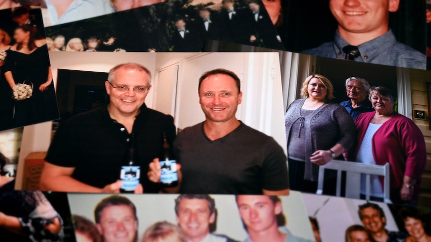 A collage of photographs. One shows Scott Morrison and Tim Stewart. Others are of the Stewart family.