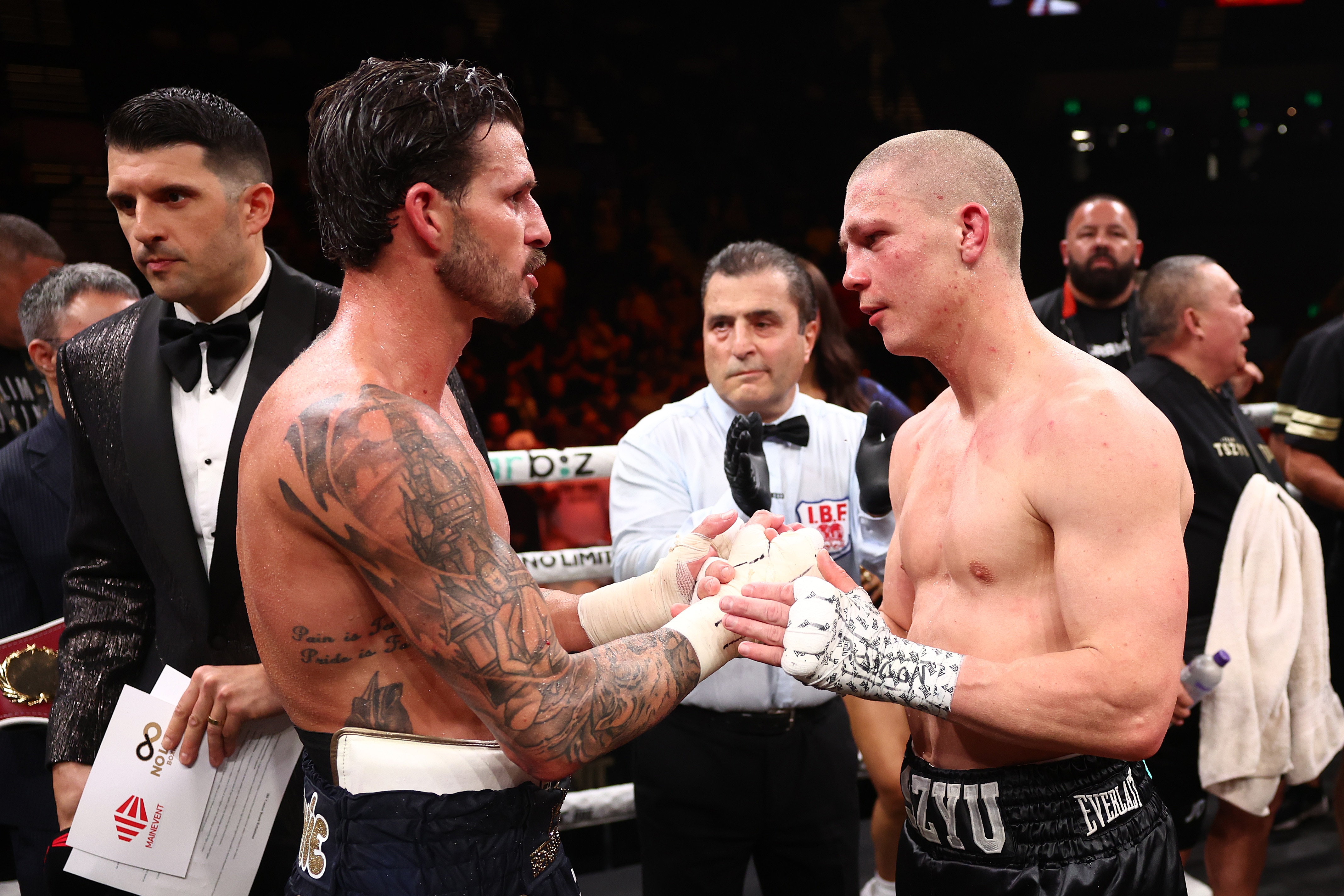 Ben Mahoney and Nikita Tszyu react after their drawn fight