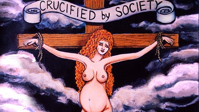 Illustration of a pregnant woman with long red hair on a cross saying 'Crucified by society' depicting forced adoption.