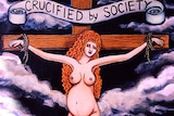 Illustration of a pregnant woman with long red hair on a cross saying 'Crucified by society' depicting forced adoption.