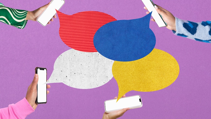 Collage image using speech bubbles and smartphones to communicate an online conversation.