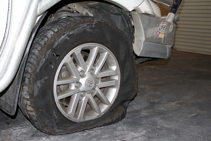 A flat tyre of a stolen car