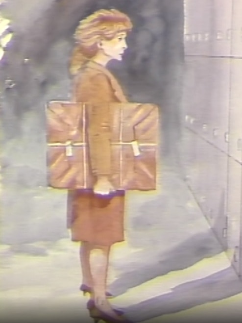 A sketch of a woman with a brown parcel.