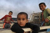 Three boys in the back of a truck looking at the camera as they flee a Syrian town.