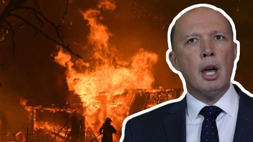 peter dutton superimposed over an image of a silhouetted firefighter battling a blaze