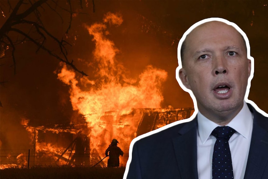 peter dutton superimposed over an image of a silhouetted firefighter battling a blaze