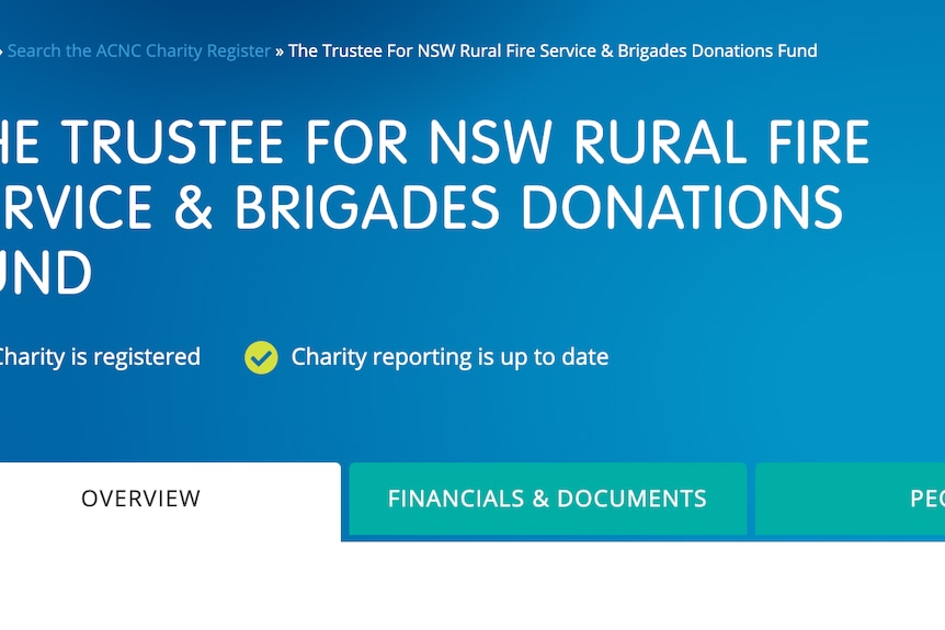 Screenshot of the NSW RFS Donation Fund, on the ACNC website
