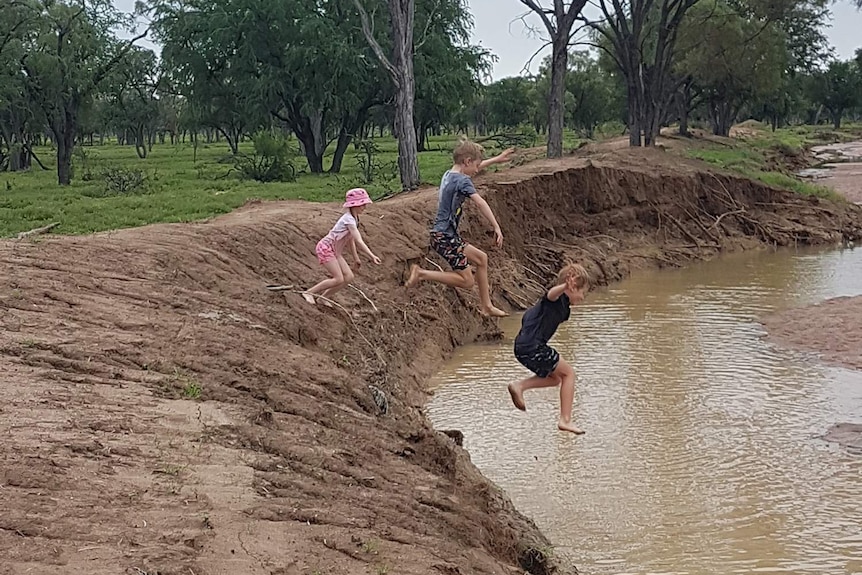 Lucy, Fletcher and Clancy Hawkins jumping into a gully, making the most of the rain and excess water in the creeks