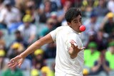 Mitchell Starc juggles a caught and bowled to dismiss England batsman Jonny Bairstow.