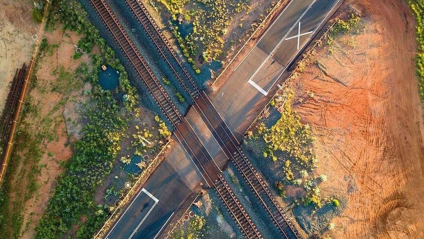 Rail and road crossroads seen from the sky