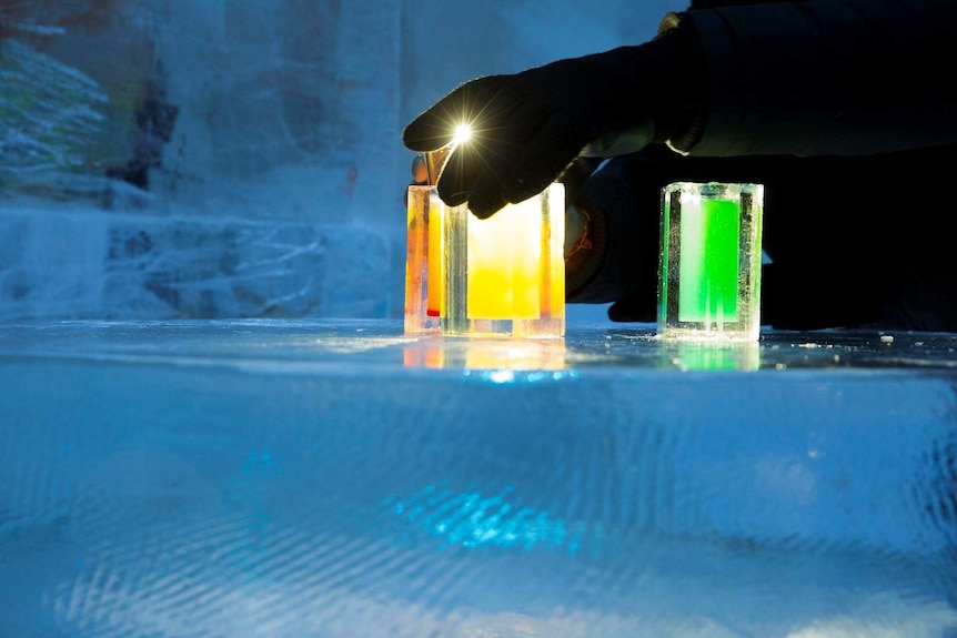 Colourful drinks inside the ice bar.