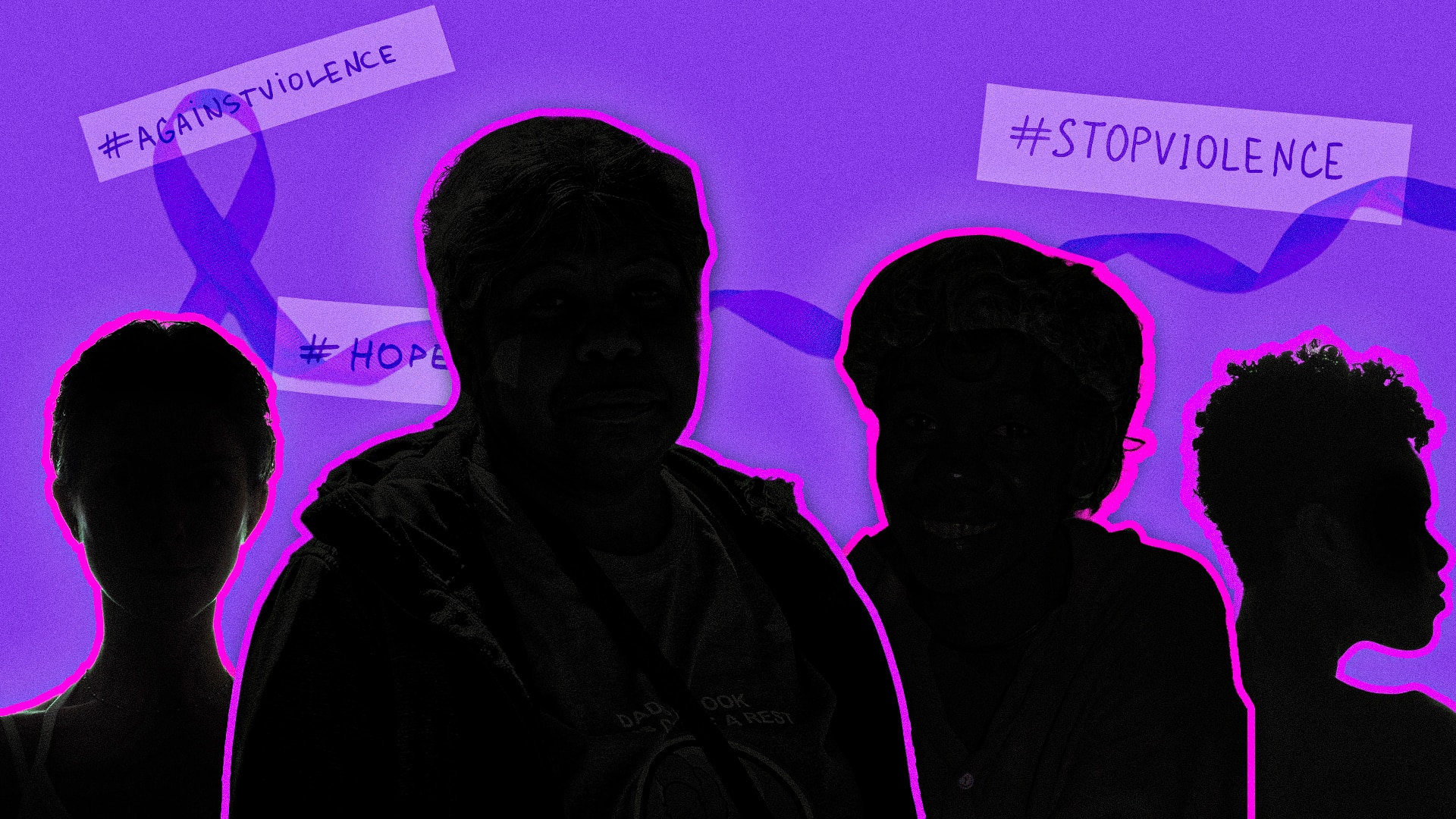 An illustration of the outlines of four women, the background behind is purple.