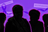 An illustration of the outlines of four women, the background behind is purple.
