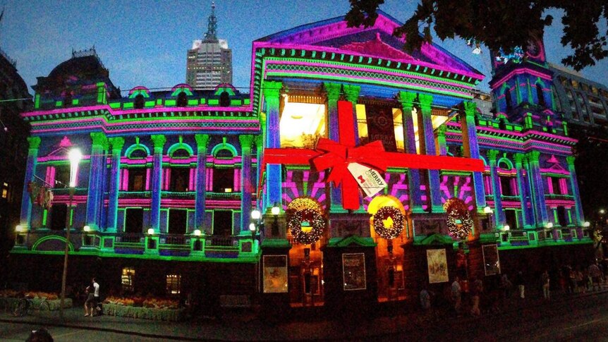 Melbourne Town Hall bathed in Christmas lights.