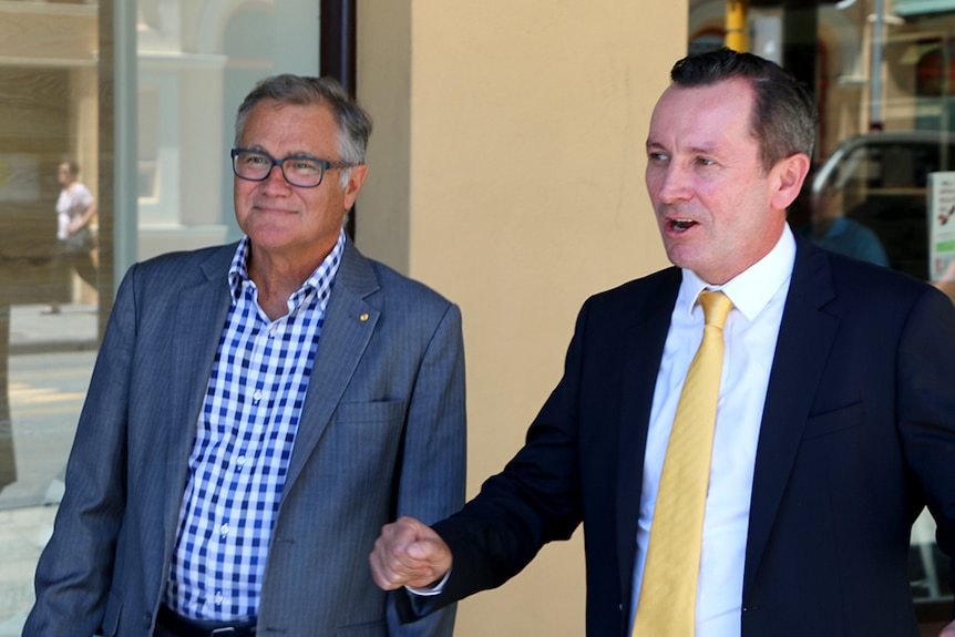 Geoff Gallop and Mark McGowan walking. Midshot.