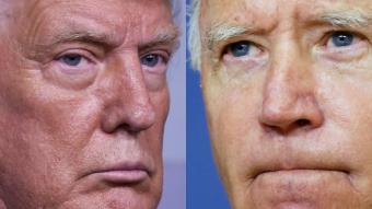 A composite image of Donald Trump and Joe Biden. Close up of each man's face looking serious